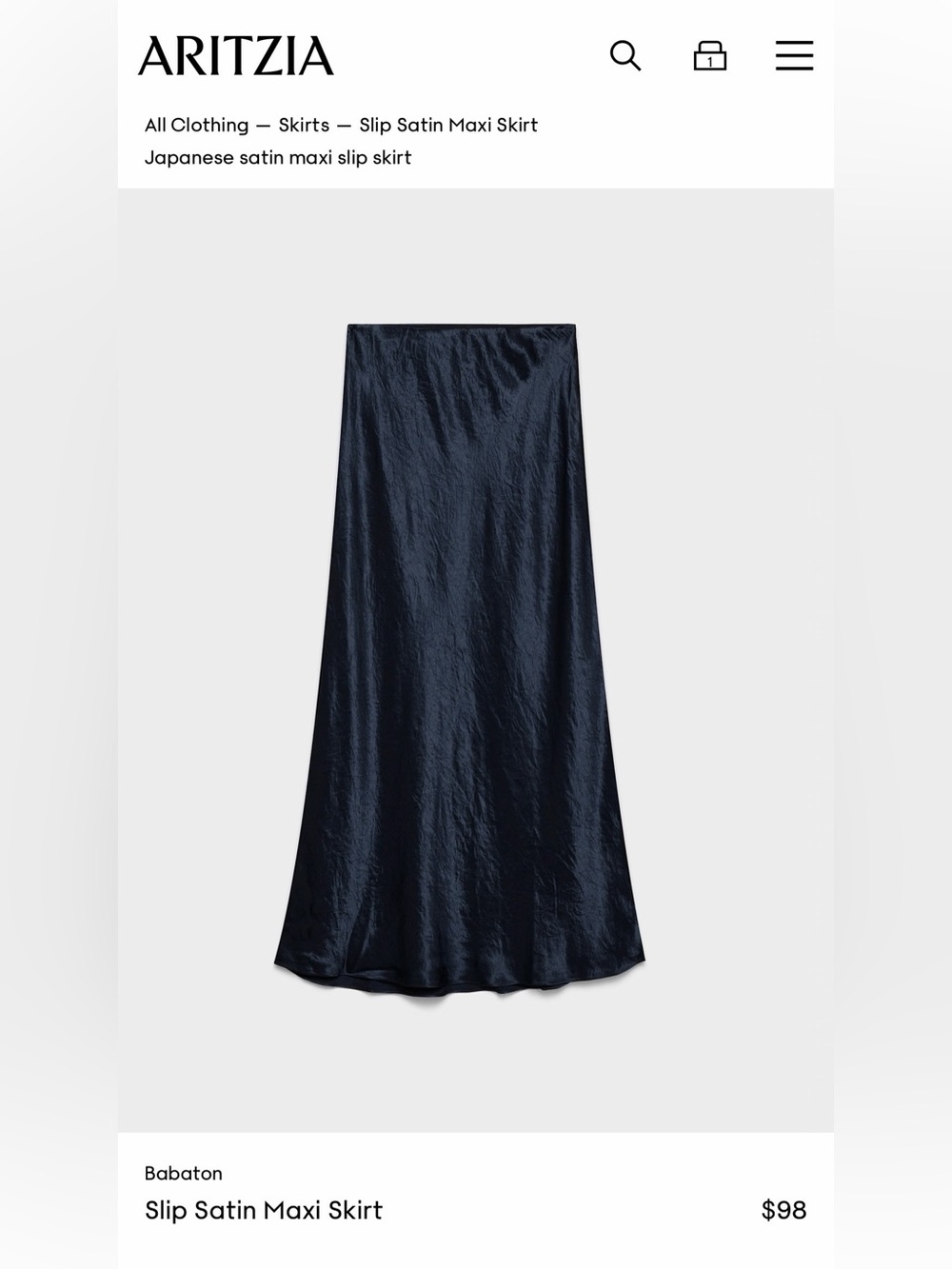 Aritzia Babaton Slip Satin Maxi Skirt — Navy Size 4